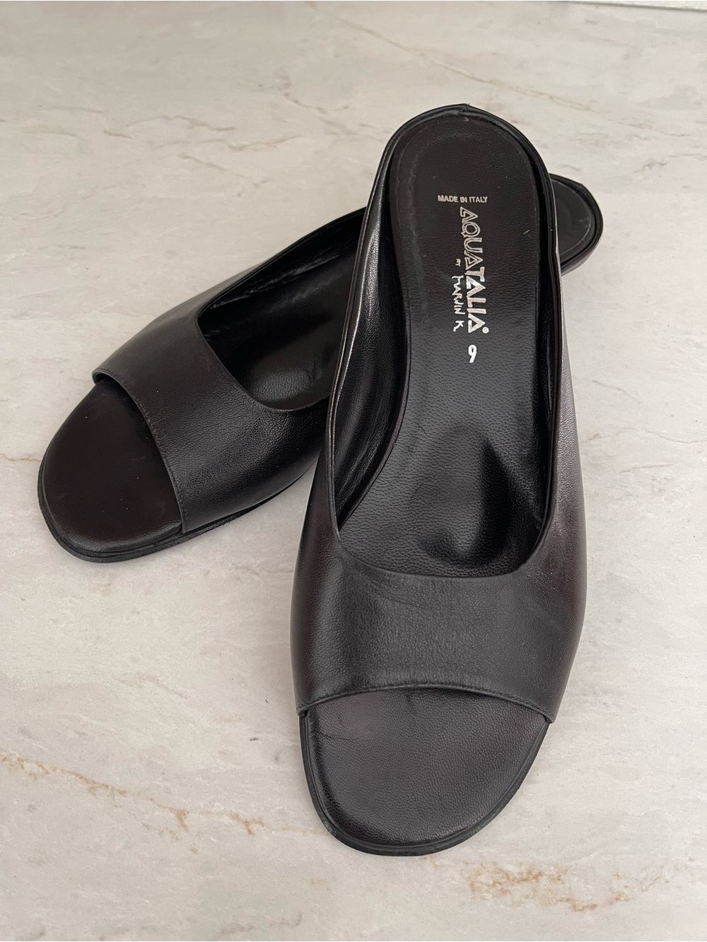 Aquatalia Black Leather Open-Toe Mule Slides with Kitten Heel, Size 9 EUC